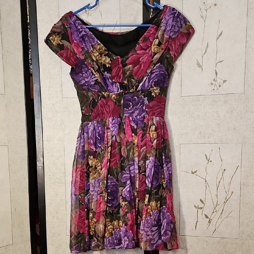 Jonathan Martin A-line Purple Pink Dress with Flutter Sleeves - Picture 5 of 7